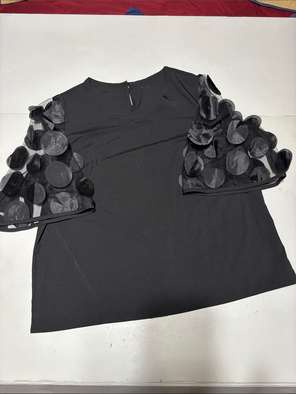 Black Short Sleeve Blouse with Circle Appliqué Sleeves